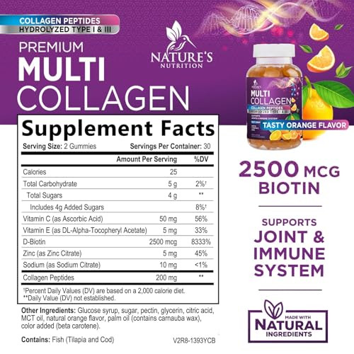 Collagen Peptides Gummies with Biotin - 2500mcg Hair Growth, Skin & Nails Supplement - Hydrolyzed Collagen Multi Type I & III - Vitamin C & Zinc for