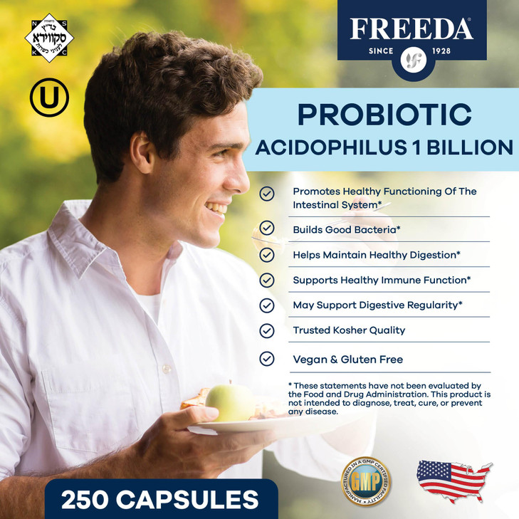 FREEDA Acidophilus Probiotic 1 Billion CFU  Lactobacillus Acidophilus for Women & Men  Gut Health & Digestive Support  Vegan, Kosher, Non-GMO  Sh