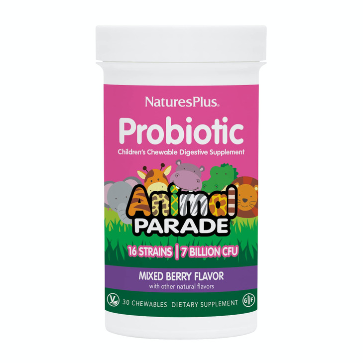 NaturesPlus Animal Parade Probiotic, Mixed Berry - 30 Chewables - Childrens Digestion Supplement - Supports Gut Health & Immune Function - Vegan, Gl