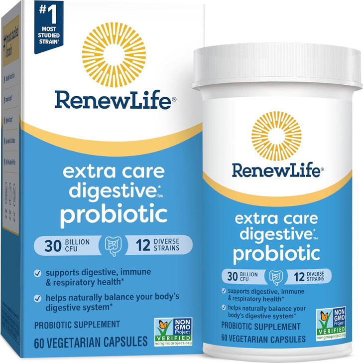 Renew Life Adult Probiotics 30 Billion CFU Guaranteed, 12 Strains, For Men & Women, Shelf Stable, Gluten Dairy & Soy Free, Ultimate Flora Extra Care,