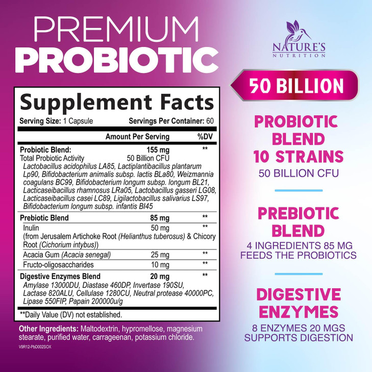 Probiotics 50 Billion CFU per Serving - 10 Strains + Prebiotics - Digestive Health, Gut & Immune Support - Supports Occasional Constipation, Gas & Bl