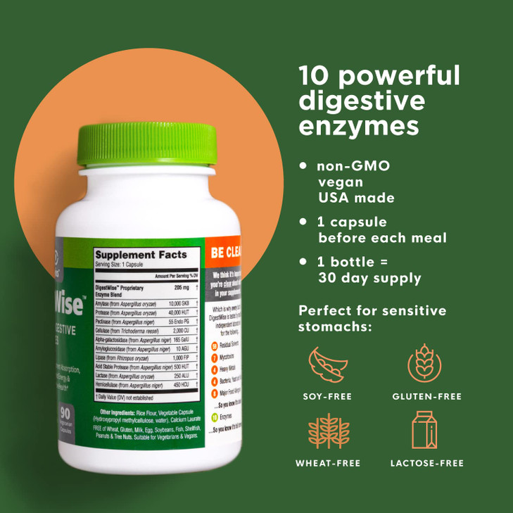 DigestWise Digestive Enzymes - 10 Powerful Vegan Enzymes to Support Digestion, Gas, Bloating & Constipation Relief - Keto Friendly - Lab Tested - 90