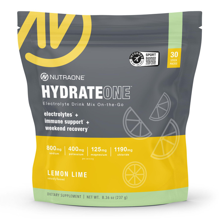 NutraOne HydrateOne, Electrolyte Drink Mix On-The-Go | Lemon and Lime, 30 Servings