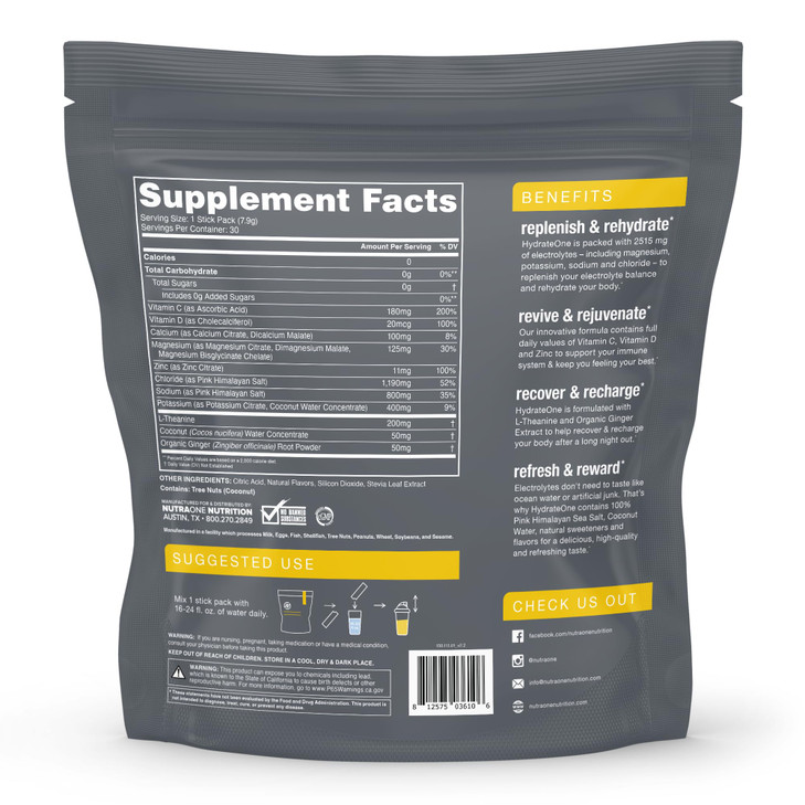 NutraOne HydrateOne, Electrolyte Drink Mix On-The-Go | Lemon and Lime, 30 Servings