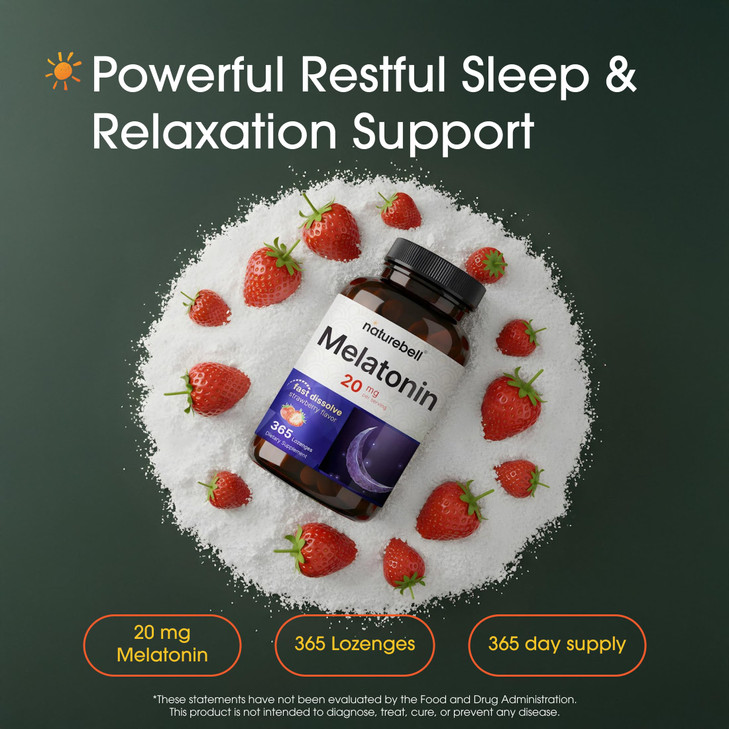 NatureBell Melatonin 20mg - 365 Lozenges - Daily Sleep Support for Adults - Bedtime Supplement for Nighttime Relaxation Support* - Dissolves Fast