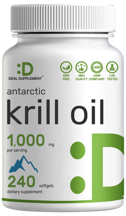 DEAL SUPPLEMENT Antarctic Krill Oil, 1,000mg Per Serving, 240 Softgels  Mercury Free, No Fishy Taste  Rich in Omega-3s, EPA, DHA, Astaxanthin, & Ph