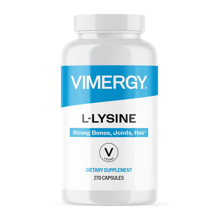 Vimergy L-Lysine  Promotes Healthy Skin, Hair & Nails*  Supports Healthy Metabolism*  Vegan, Non-GMO & Gluten-Free  270 Capsules
