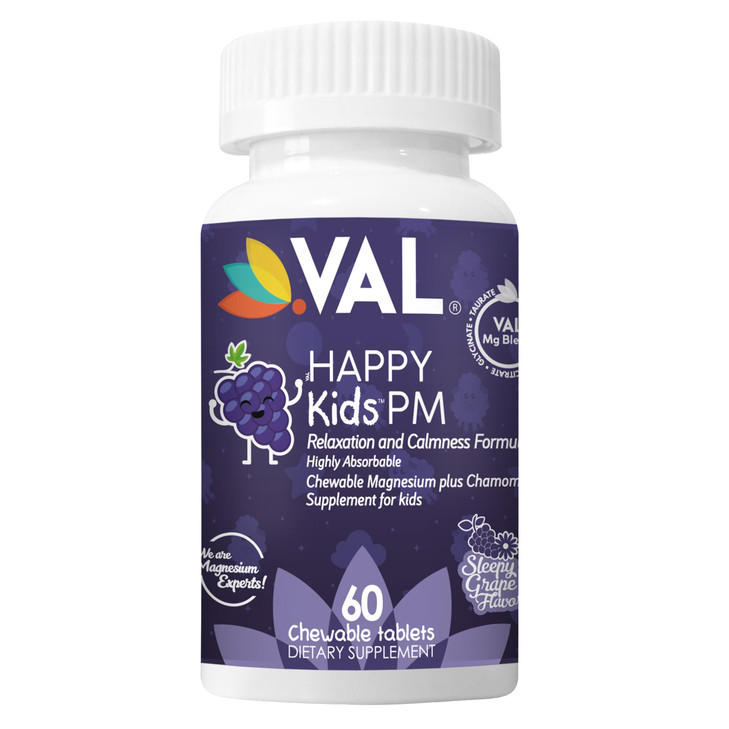 VAL Kids PM Magnesium Gummies | Sugar-Free Chewable Tablets with Chamomile, Magnesium Glycinate + Citrate + Taurate | Vitamin B6 & C | Natural Grape