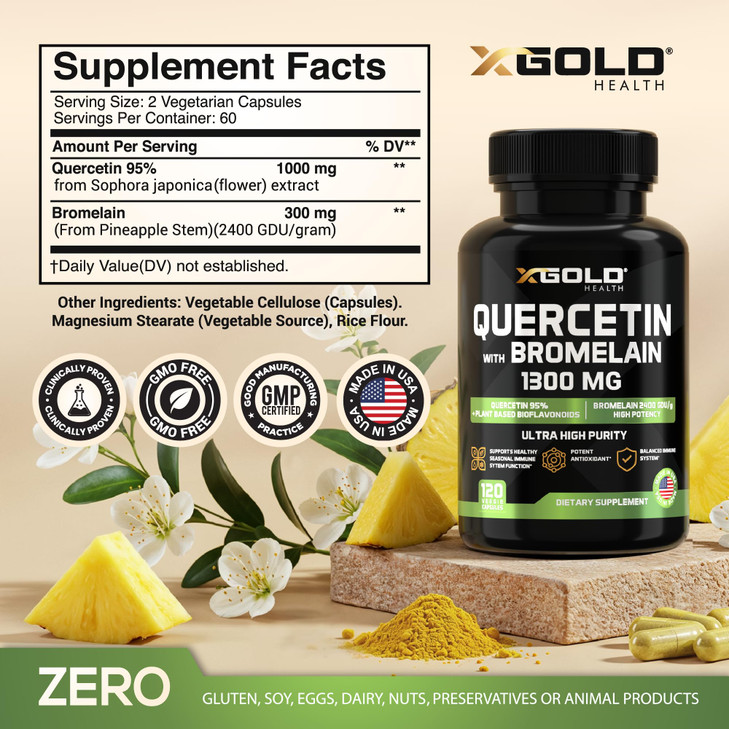 Quercetin + Bromelain 1,300mg  Quercetin: 95% - Highly Purified and Highly Bioavailable Plus Bromelain 2,400 GDU/g - Made in USA | 120 Caps
