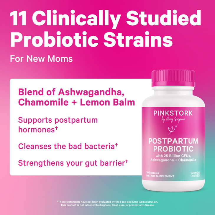 Pink Stork Probiotics for Postnatal Women - 30 Billion CFUS with Ashwagandha and Chamomile, Postpartum Essentials for Hormone Balance, Mood Support,