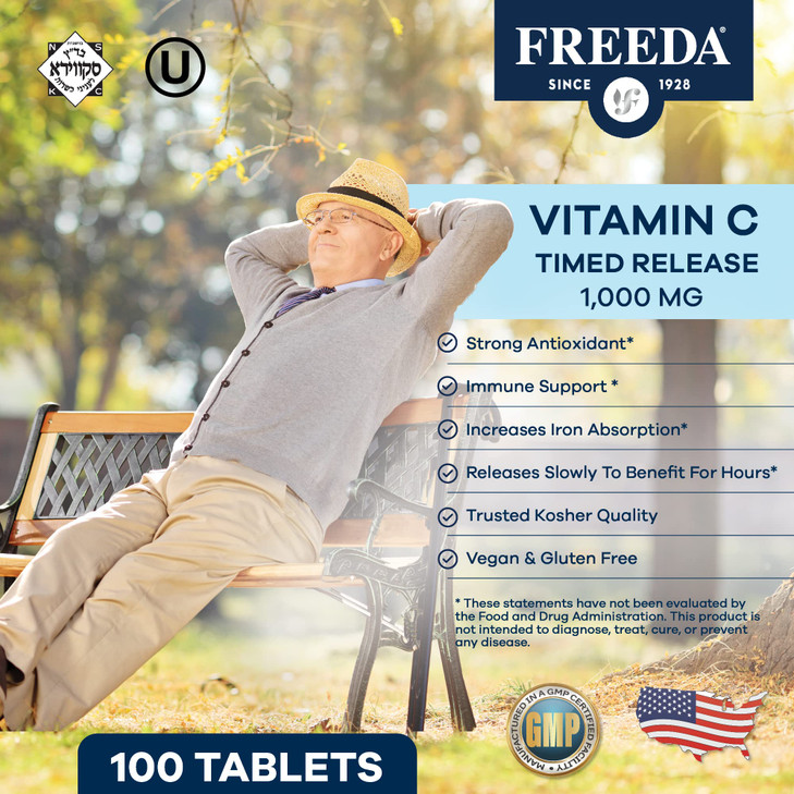 FREEDA Vitamin C - Timed Release 1000mg  Slow-Release for All-Day Immune & Antioxidant Support, Gentle on Stomach, Kosher & Vegan, High-Absorption T