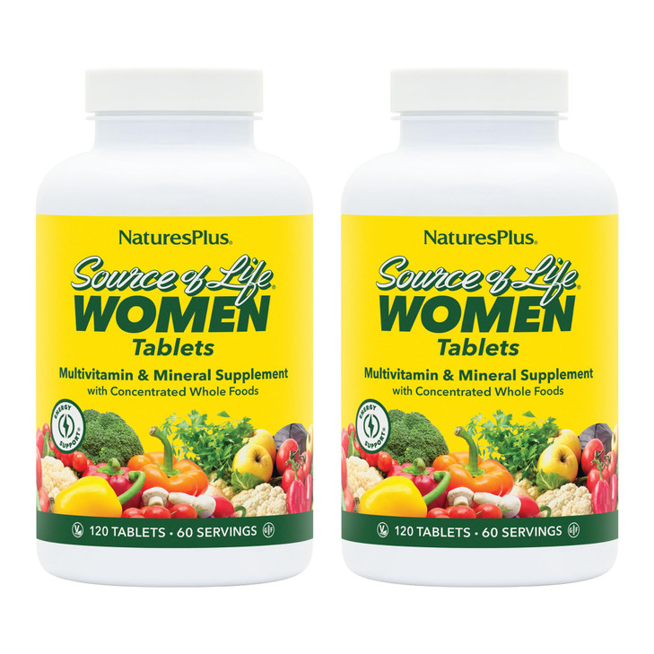 NaturesPlus Source of Life Women - 120 Tablets, Pack of 2 - Multivitamin & Mineral Supplement - with Iron, Calcium, Folate & Lutein - Gluten Free, Ve