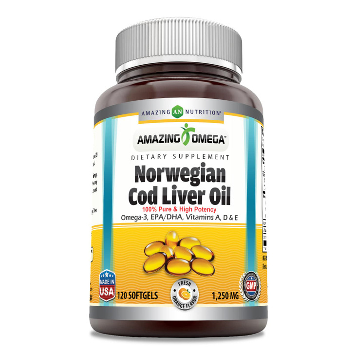 Amazing Omega Norwegian Cod Liver Oil 1250 mg 120 Softgels Supplement (Fresh Orange Flavor)