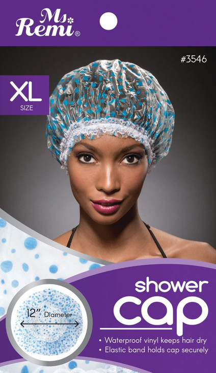 Shower Cap - Blue Dot Pattern, Vinyl material, elastic band, extra large, large, wont fall off your head,