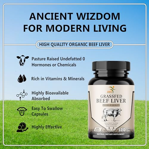 Grass Fed Desiccated Beef Liver Capsules (120 Pills, 480-500mg Each) - Natural Iron, Vitamin A, B12 for Energy - Humanely Pasture Raised Undefatted W