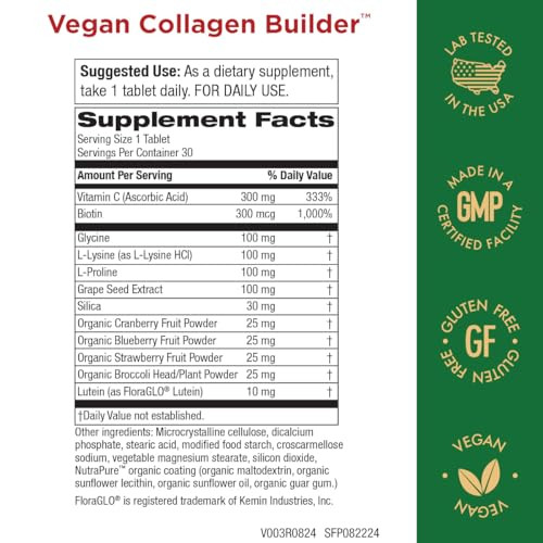 Vegan Collagen Builder - Organic Whole Foods Fruits + Veg, Silica, Lutein, Vitamin C, Biotin, Grape Seed - Amino Acids Glycine, Lysine + Proline Coll