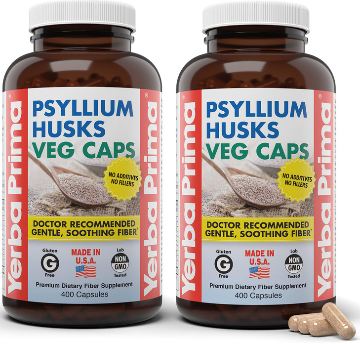 Yerba Prima Psyllium Husks Veg Caps, 400 Capsules (625mg) (Pack of 2) - Vegan, Non-GMO, Gluten Free, Colon Cleanser, Daily Fiber Supplement for Gut H