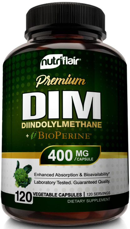 NutriFlair DIM Supplement 400mg with Bioperine, 120 Capsules - Diindolylmethane - Estrogen Metabolism Support & Hormone Balance, Menopause, PCOS, Acn