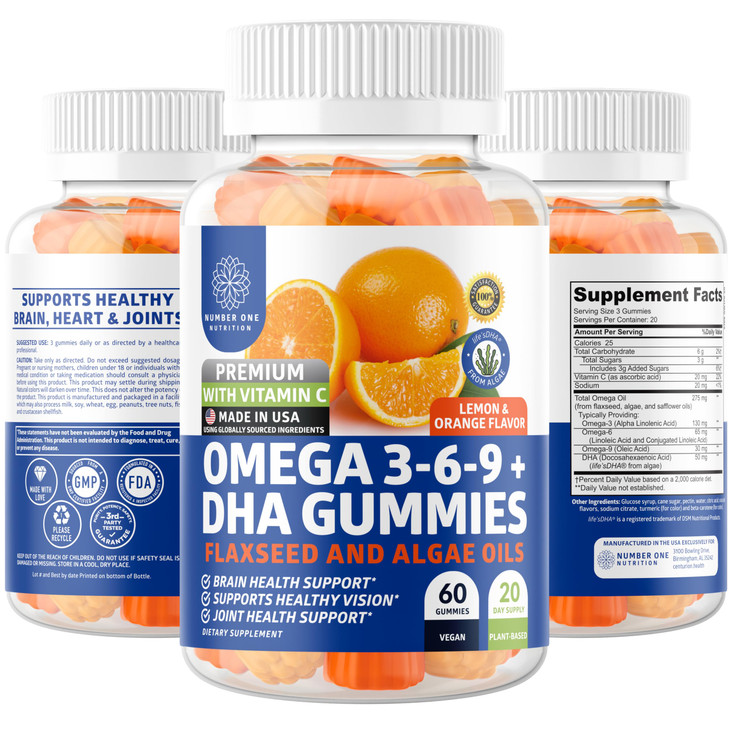 N1N Premium Omega 3 6 9 + DHA Gummies [Vegan, Plant Based] Natural Brain, Immunity and Joint Health Support with Vitamin C, 60 Gummies
