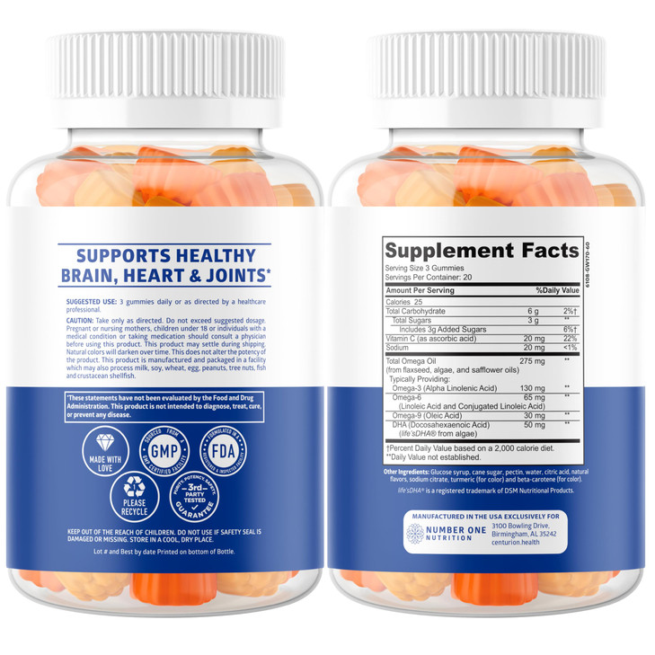 N1N Premium Omega 3 6 9 + DHA Gummies [Vegan, Plant Based] Natural Brain, Immunity and Joint Health Support with Vitamin C, 60 Gummies