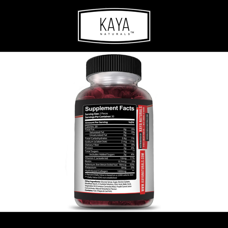 Kaya Naturals Collagen Gummies for Men & Women Supplement | Nature Made Gummies - 1000mg of Hydrolyzed Collagen, Vitamin C, Selenium & Biotin, Strawb