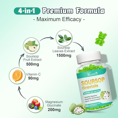 Vazatisi Soursop Graviola Gummeis, Organic Soursop Leaves and Fruit Extract for Cell Support & Regeneration, Immune Boost, Digestive Aid, Sugar Free/