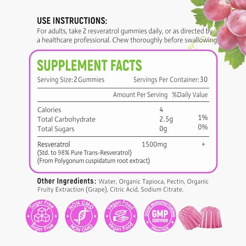 Zetelixia Sugar Free Resveratrol Gummies - High Purity Resveratrol Supplement for Antioxidant, Healthy Aging, Skin, Brain, Organic - 60 Gummies
