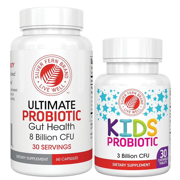 Silver Fern Brand Family Probiotics - Ultimate Adult Probiotic (1 Bottle = 60 Capsules) Plus Ultimate Children's Probiotic for Kids (1 Bottle = 30 Ch