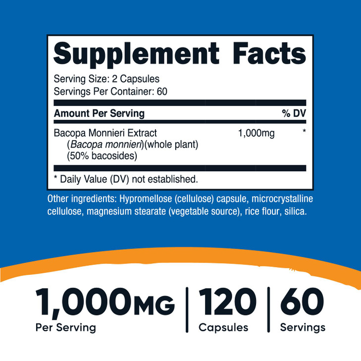 Nutricost Bacopa Monnieri 1,000mg, 120 Capsules (60 Servings) - Non-GMO, Gluten Free, and Vegetarian Friendly