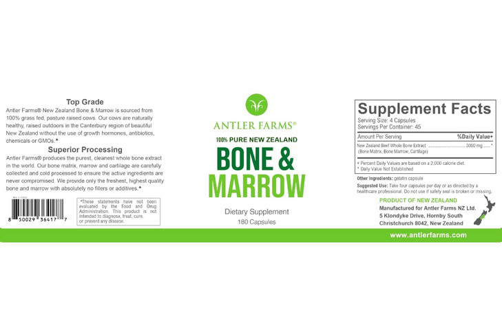 Antler Farms - 100% Pure New Zealand Bone & Marrow, 180 Capsules, 750mg - Grass Fed, Pasture Raised Whole Bone Extract, Cold Processed, Healthy Essen