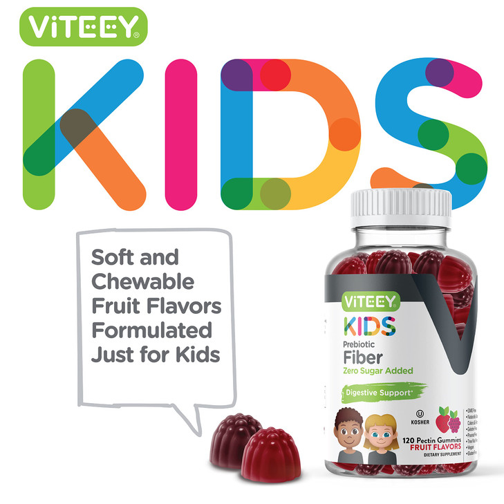Viteey Prebiotic Kids Fiber for Constipation Relief, Digestive Health Regularity Support, Natural Weight Support - Fiber 4g, Zero Sugar Added, Vegan,