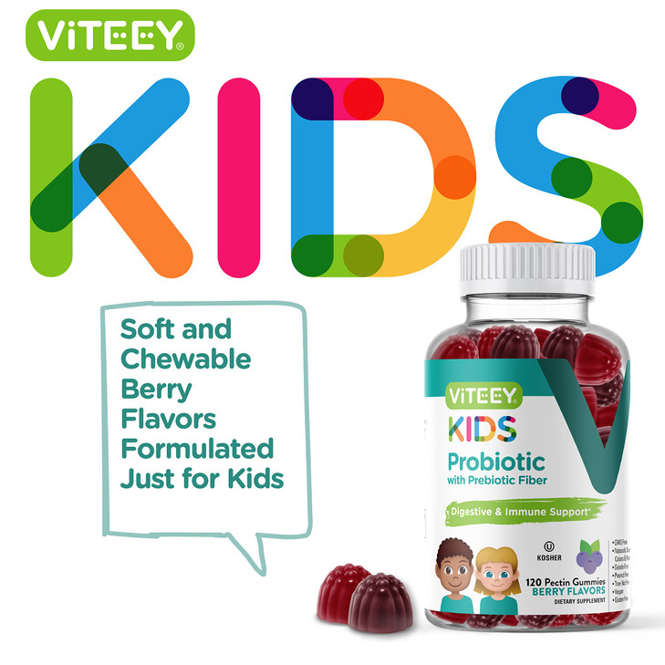 Viteey Probiotic Gummies for Kids Plus Prebiotics Fiber - 2 Billion CFUs - Digestive Health,Gut Health, Constipation Relief for Kids Support - Vegan,