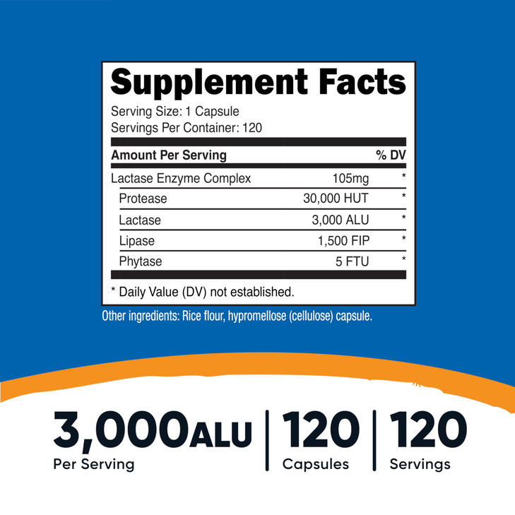 Nutricost Lactase Enzyme Complex 3,000 FCC ALU, 120 Vegetarian Capsules - Non-GMO, Gluten Free, 120 Servings