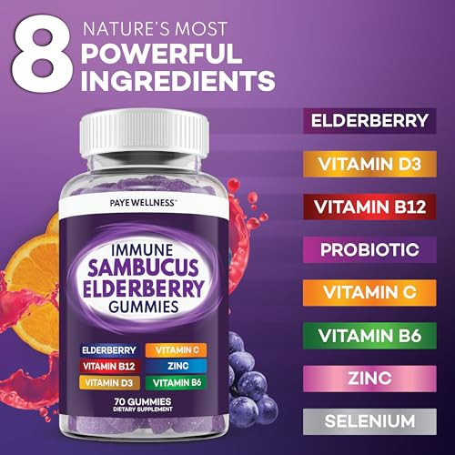 Elderberry Gummies Immune Support, Daily Support for Kids and Adults*, with Sambucus Elderberry, Zinc, Vitamin C, D3, B6, B12, Plus - Dietary Supplem