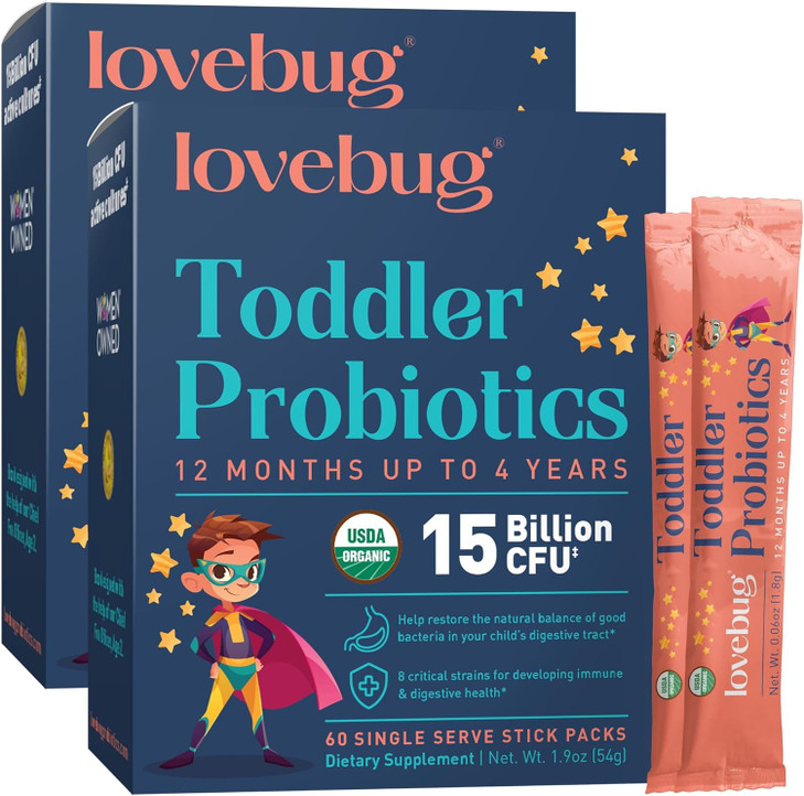 LOVEBUG Kids Probiotic Powder with Prebiotic Fiber - Toddler Immunity Support & Constipation Relief - USDA Organic Probiotics for Childrens Gut & Dig