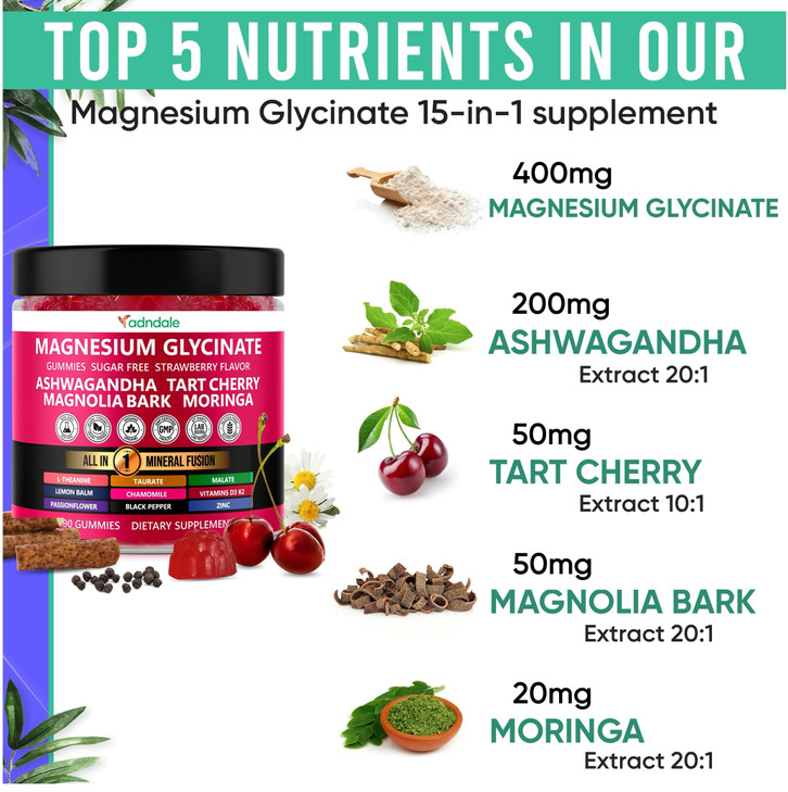 Adndale 90ct 15-in-1 Magnesium Glycinate Gummies 400 mg/serv- with Magnesium Malate, Ashwagandha, Tart Cherry, Magnolia Bark, Lemon Balm, Passionflow