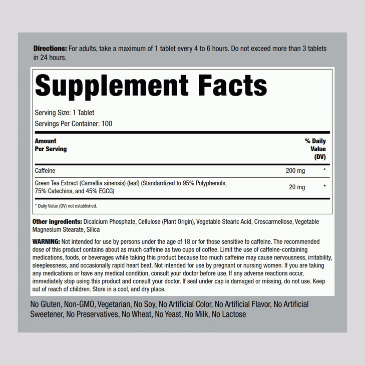 Piping Rock Caffeine Pills 200mg | 100 Tablets | with Green Tea Extract | Non-GMO, Gluten Free Supplement
