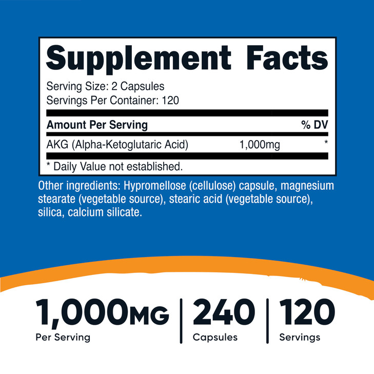Nutricost AKG Alpha Ketoglutaric Acid Supplement 1,000 mg, 240 Capsules, 120 Servings Per Bottle - Powerful Precursor to Glutamine & Arginine, Energy