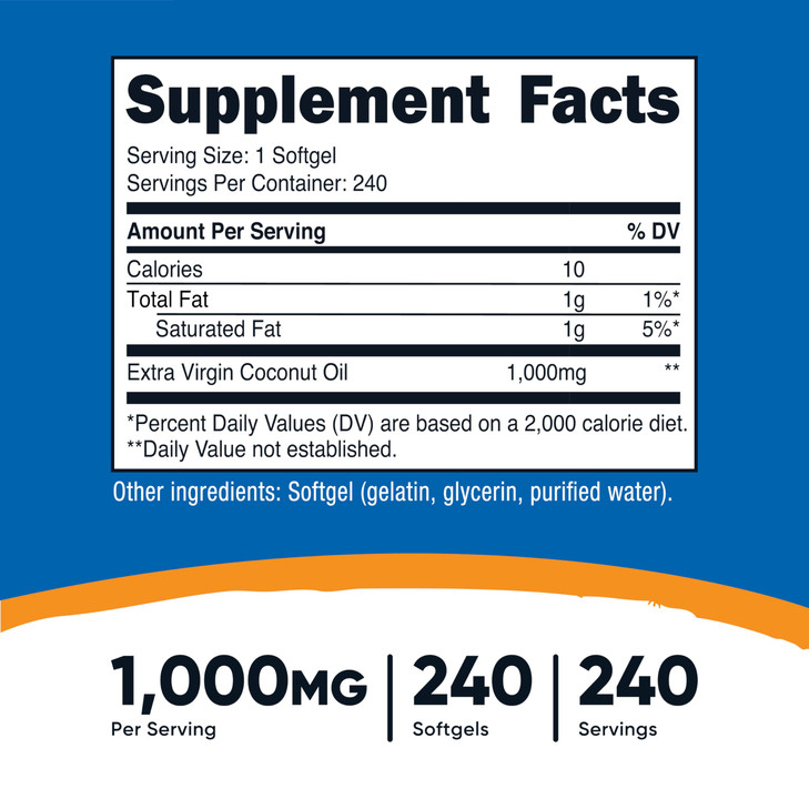 Nutricost Coconut Oil Softgels (1000mg) 240 Softgels - Extra Virgin Coconut Oil - Gluten Free and Non-GMO