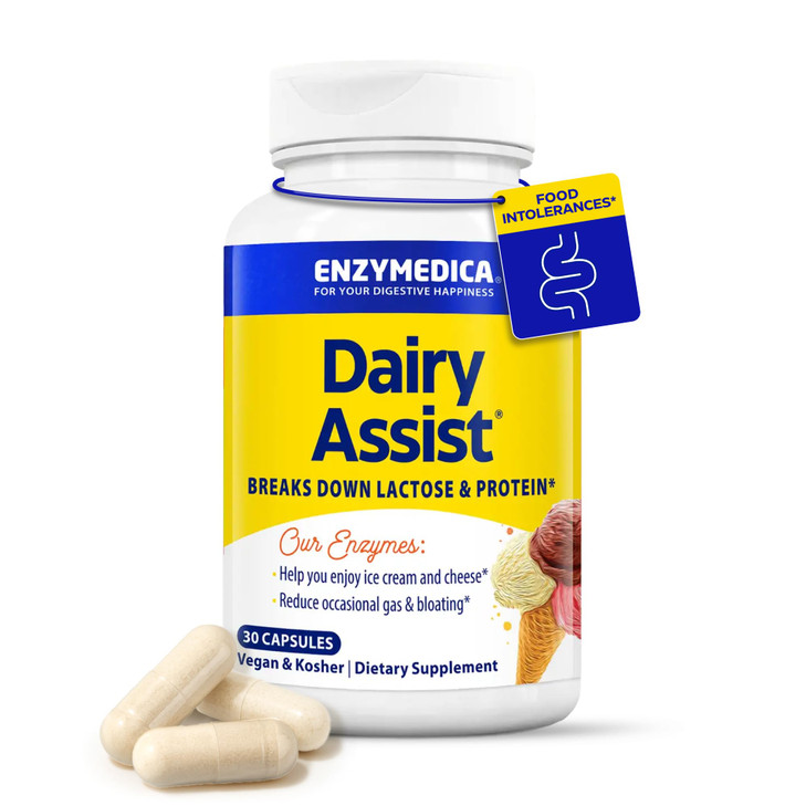 Enzymedica DairyAssist, 2-in-1 Digestive Enzymes for Dairy, Lactose and Casein Digestion, Fast-Acting Formula for Gas and Bloating Relief, 30 Capsule