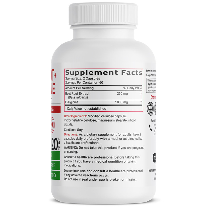 Bronson Beet Root + L-Arginine Nitric Oxide Production- Non-GMO, 120 Vegetarian Capsules