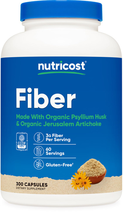 Nutricost Fiber Capsules with Prebiotic Fiber Supplement 300 Capsules - Made with Organic Psyllium Husk & Organic Jerusalem Artichoke, 60 Servings, G