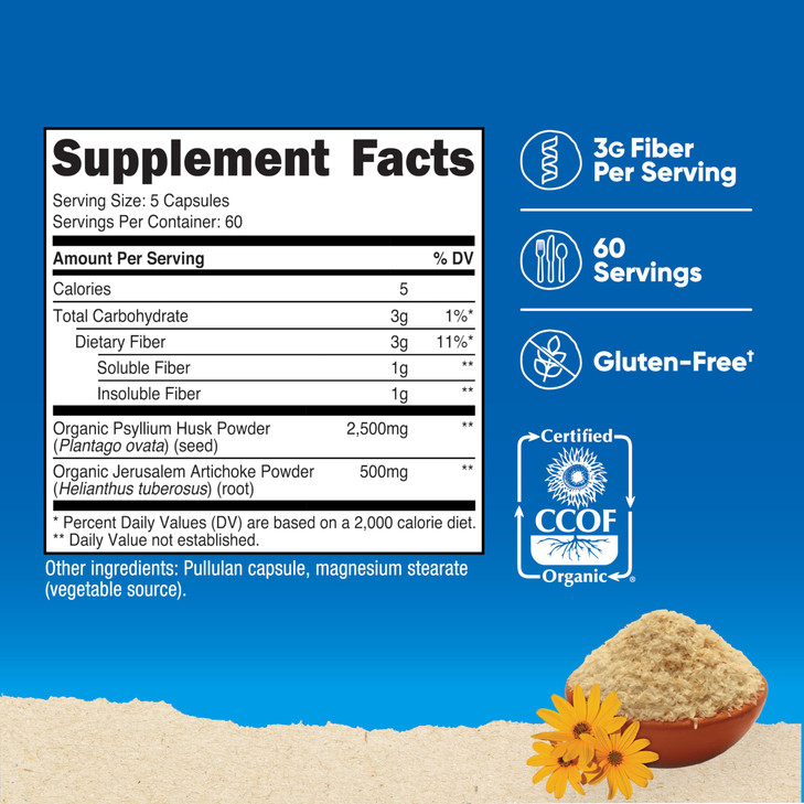 Nutricost Fiber Capsules with Prebiotic Fiber Supplement 300 Capsules - Made with Organic Psyllium Husk & Organic Jerusalem Artichoke, 60 Servings, G