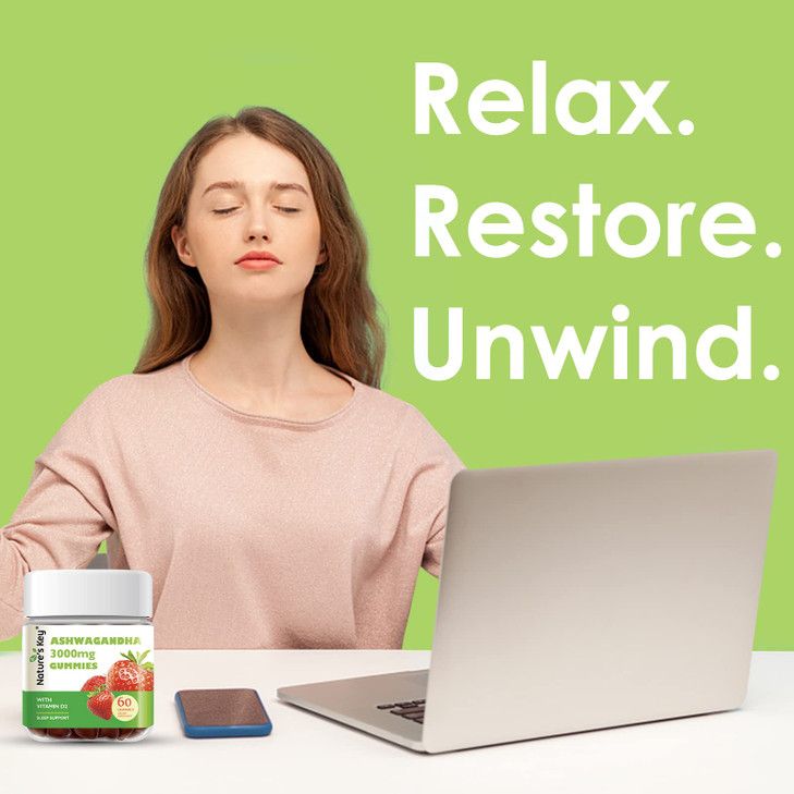 Nature's Key Ashwagandha Gummies, 3000mg High Potency Ashwagandha Root Extract with Vitamin D2, Stress, Calm Mood & Cognition, for Men & Women, Straw