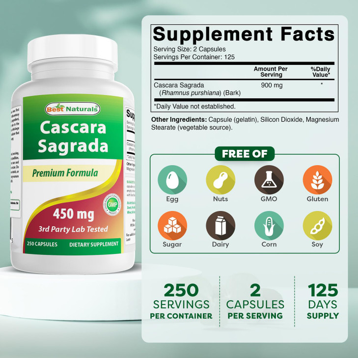 Best Naturals Cascara Sagrada 450 mg 250 Capsules (250 Count (Pack of 3))