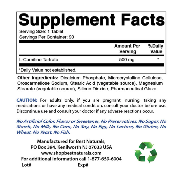 Best Naturals L-Carnitine Tartrate 500 mg 90 Tablets (90 Count (Pack of 3))