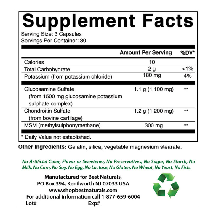 Best Naturals, Glucosamine Chondroitin MSM Supplements, 2600 mg per Serving, 90 Capsules (90 Count (Pack of 2))