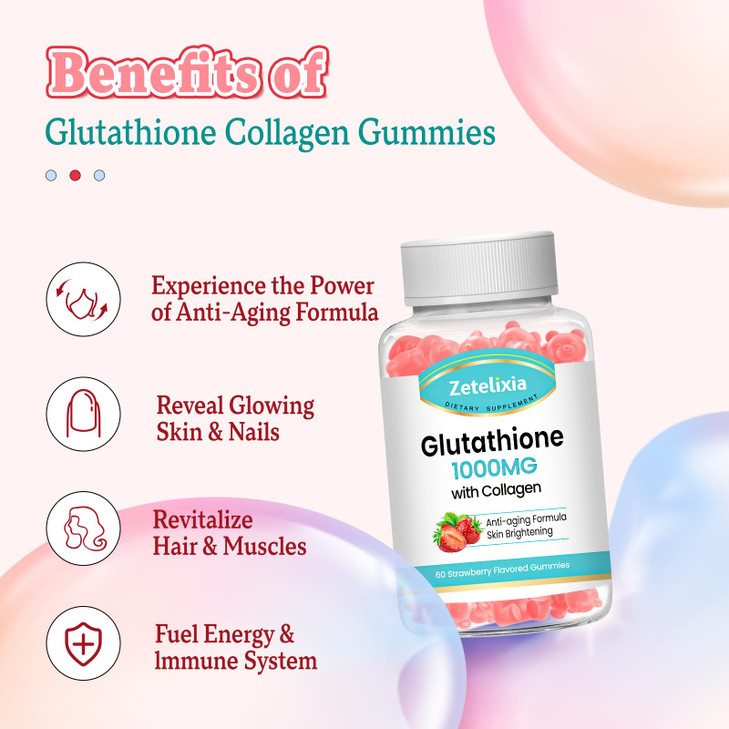 Zetelixia Glutathione Collagen Gummies, Collagen Gummies with Vitamin C, Glutathione Supplement for Women, Hair Skin Nails Muscle & Joint, Anti-Aging