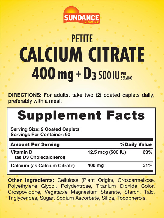 Sundance Calcium Citrate with Vitamin D3 | 400 mg | 120 Caplets | Petite | Vegetarian, Non-GMO & Gluten Free Supplement
