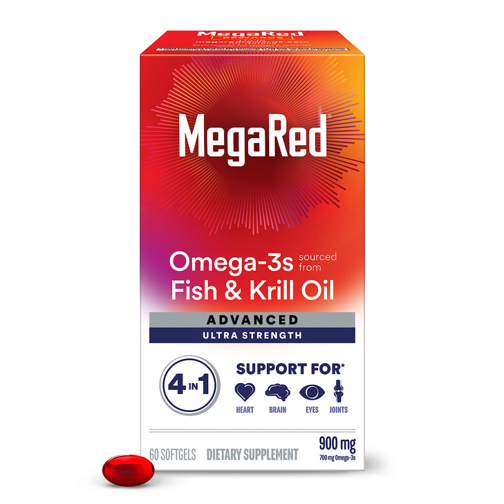 Megared Omega-3 Fish & Krill Oil Supplement 900mg - MegaRed Advanced 4in1, 60 softgels, 2x More Omega-3, Heart, Joint, Brain and Eye Supplement, Red,